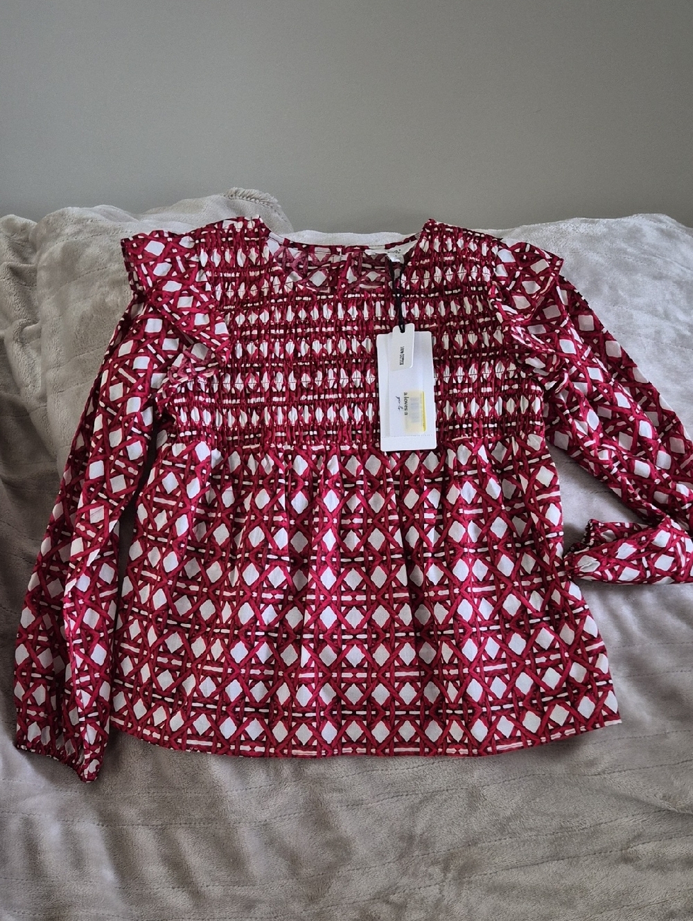A LOVES A Girls Red And Cream Smocked Long-Sleeve Patterned Top NWT